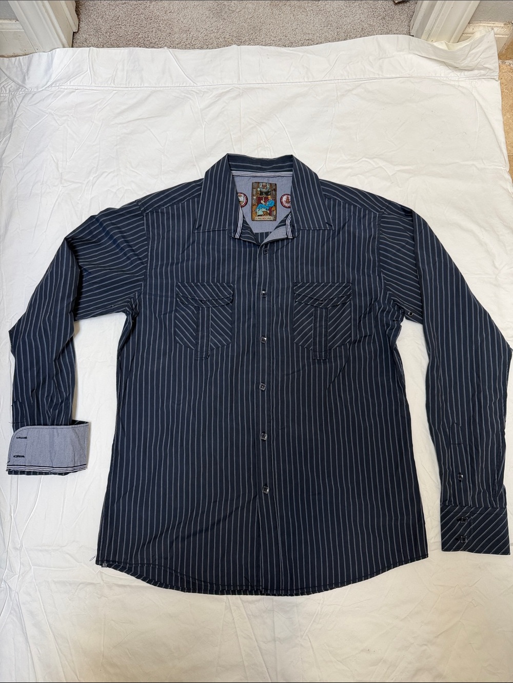 Men's Navy Pinstripe Dress Shirt with Chest Pockets
